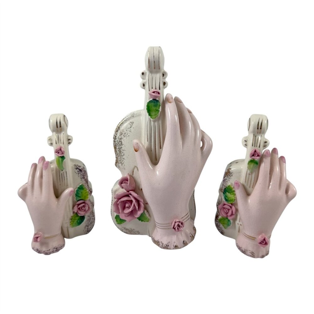 Figural Porcelain Hand and Violin Vase & Salt Pepper Shakers Vintage 1950s Japan